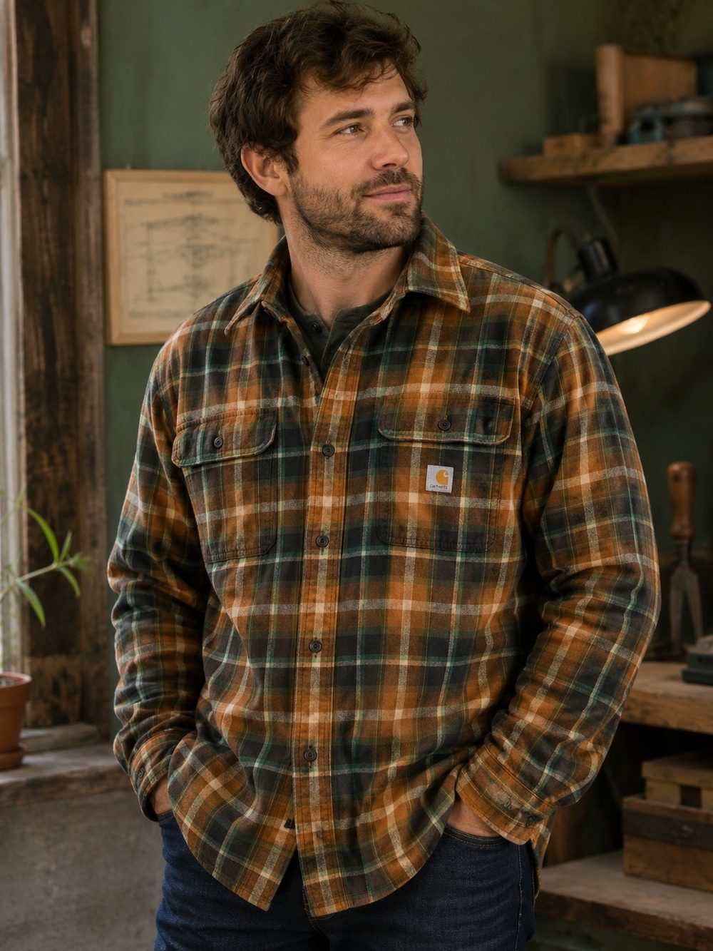 Carhartt Flannel Shirt Mens XXL Heavyweight Loose Fit Workwear Brown Plaid